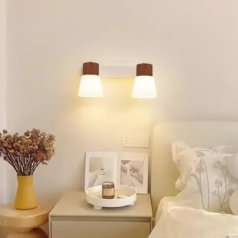 Applique murale nordique en bois LED Double tête lait blanc applique murale en verre pour chambre salon étude salle à manger décor à la maison luminaire - vue 3 sur 10