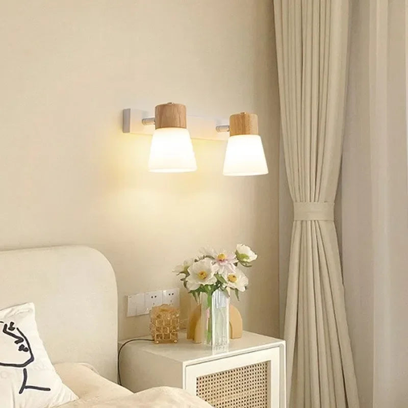 Applique murale nordique en bois LED Double tête lait blanc applique murale en verre pour chambre salon étude salle à manger décor à la maison luminaire - vue 6 sur 10