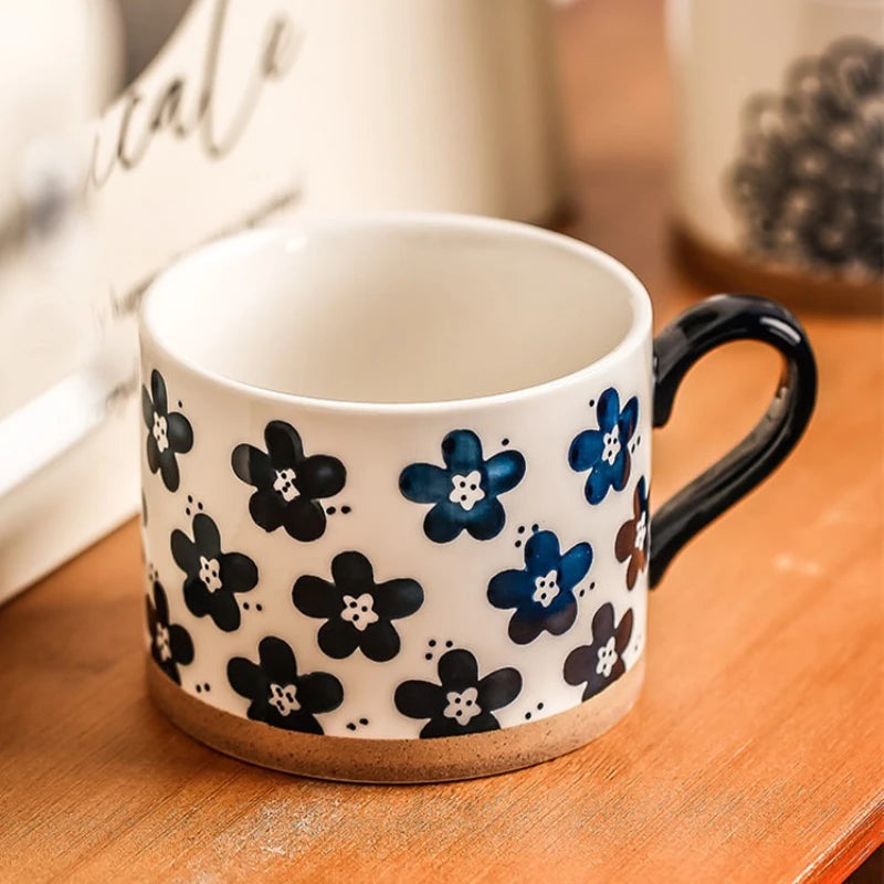Mug ceramique japonais retro fleurs cerisier peint main - vue 3 sur 7