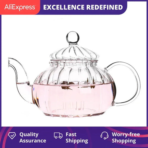 Théière citrouille fleurie rayée verre avec infuseur