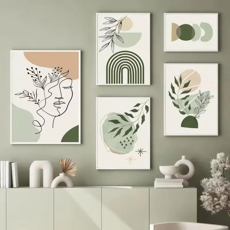 peinture abstraite de plantes vertes style bohème décoration murale nordique