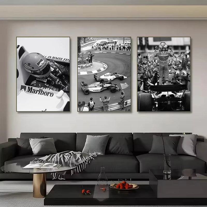 affiche vintage de course de f1 en noir et blanc peinture sur toile