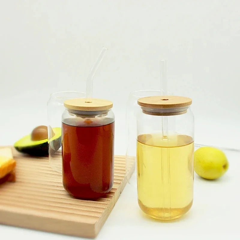 Verre canette borosilicate avec couvercle bambou et paille - vue 4 sur 7