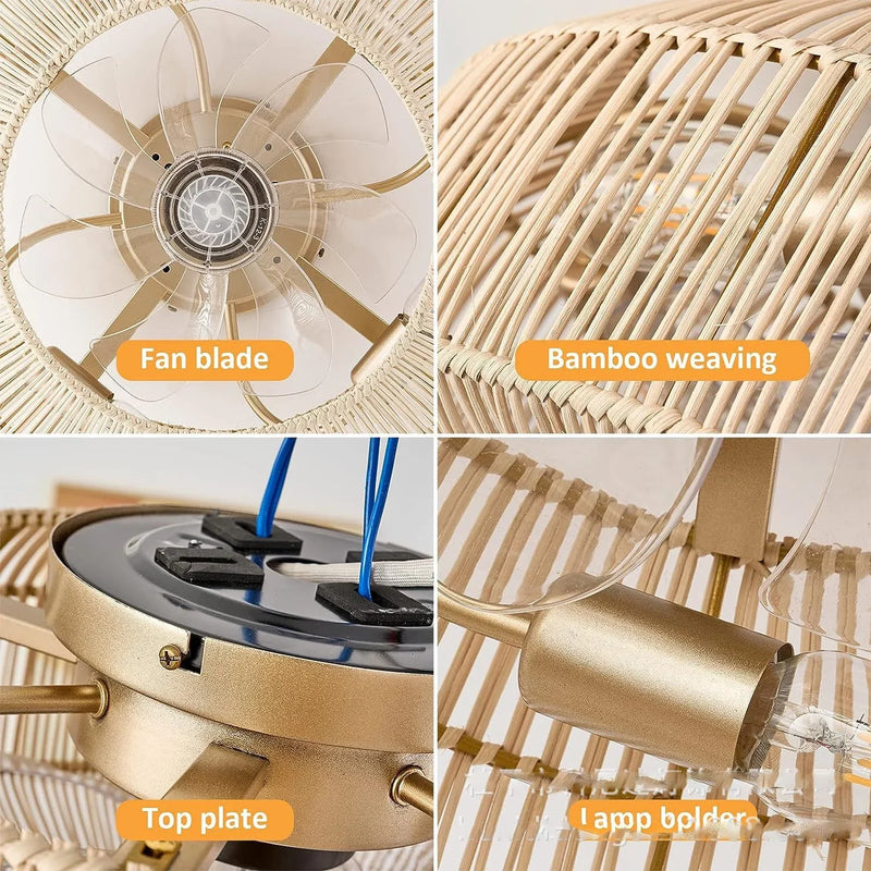 plafonnier ventilateur industriel avec lumière en bambou
