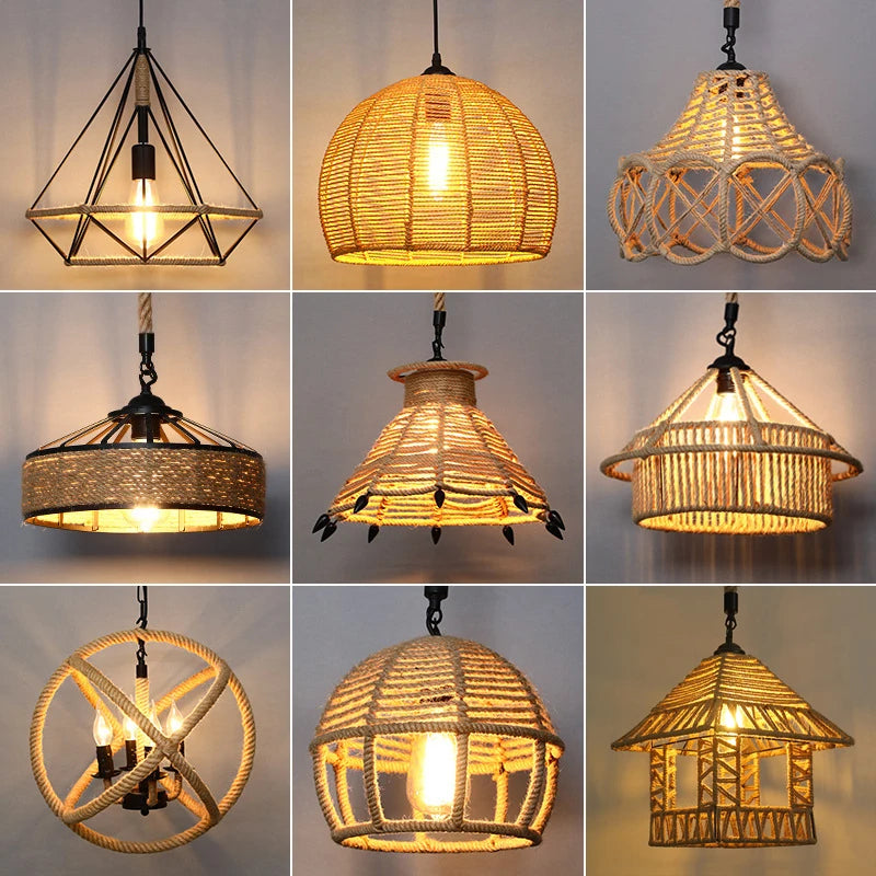 Sisal chanvre corde suspension plafonnier Lustre suspendu Lustre fer main tressage rustique rétro pour salle à manger décor
