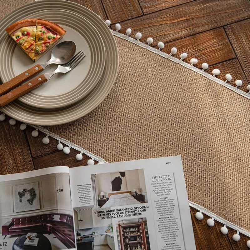 Chemin de table toile jute beige pompons champetre