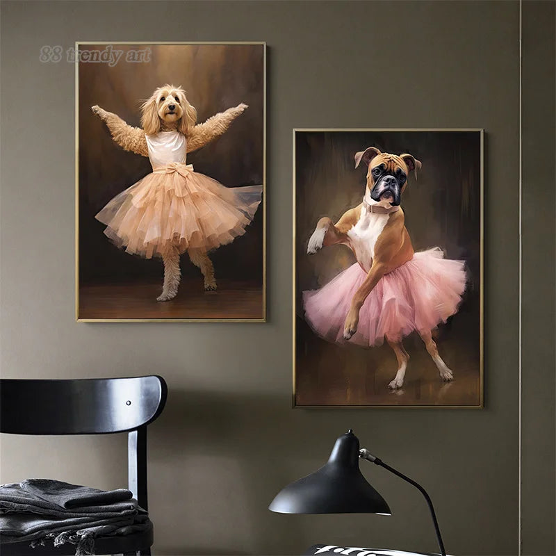 portraits de ballerine de chien art abstrait mural kawaii