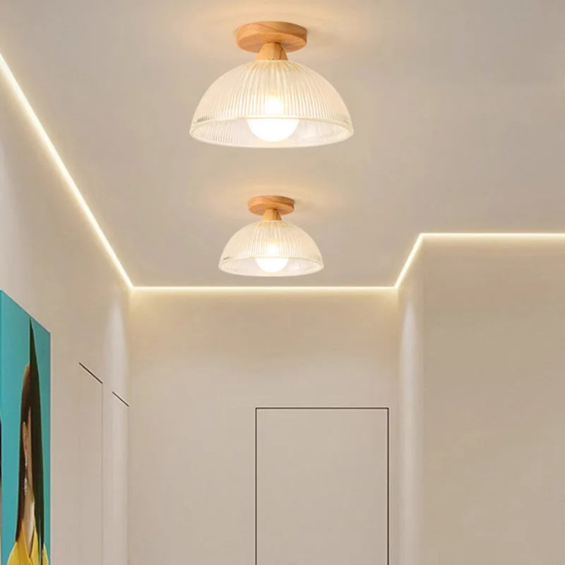 Plafonnier nordique en bois lampe en verre dépoli salon allée chambre vestiaire balcon couloir lampes et lanternes - vue 5 sur 12