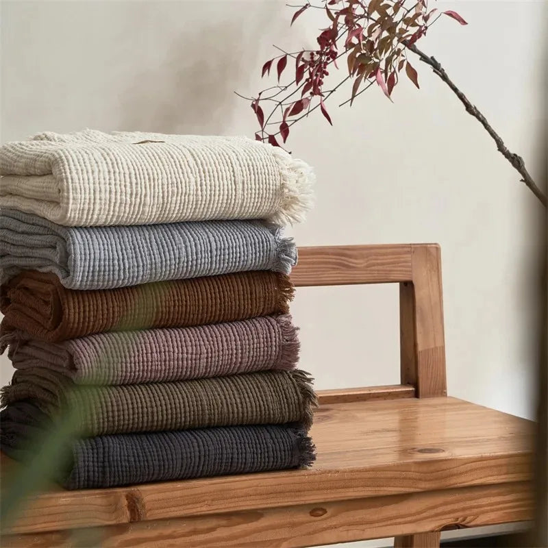 plaid coton mousseline 4 plis pompons léger salon