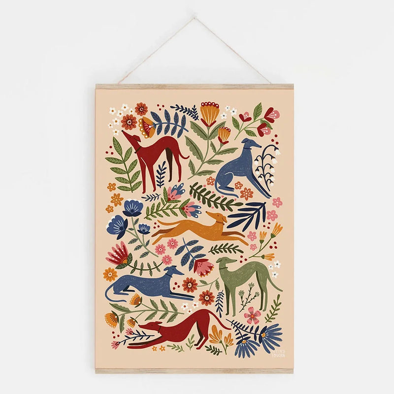 impression toile chien long floral décoration murale cadeau lévrier