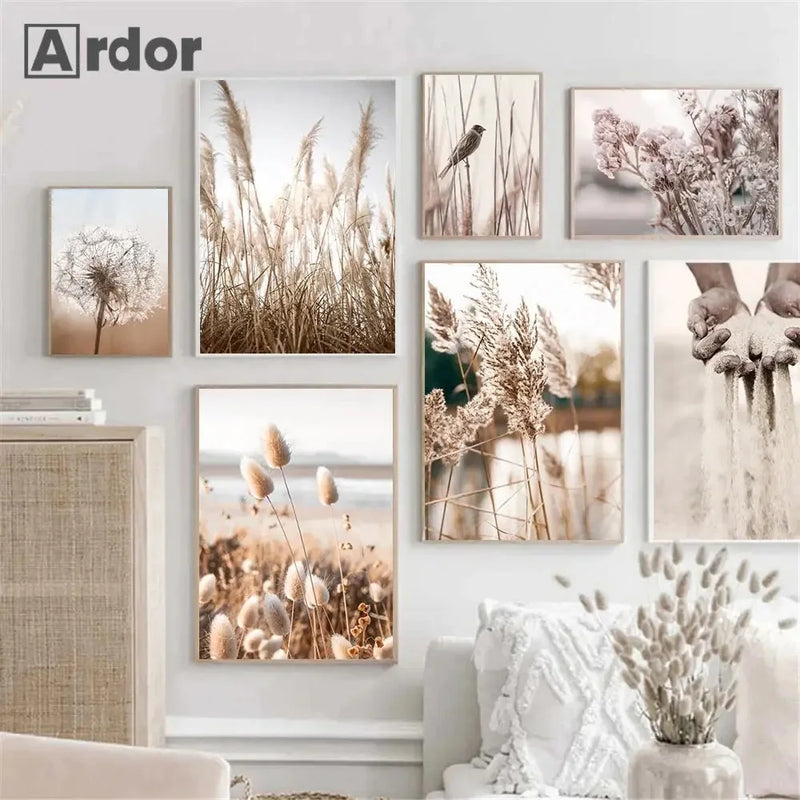 art mural nordique coucher de soleil oiseaux fleurs empreintes de main