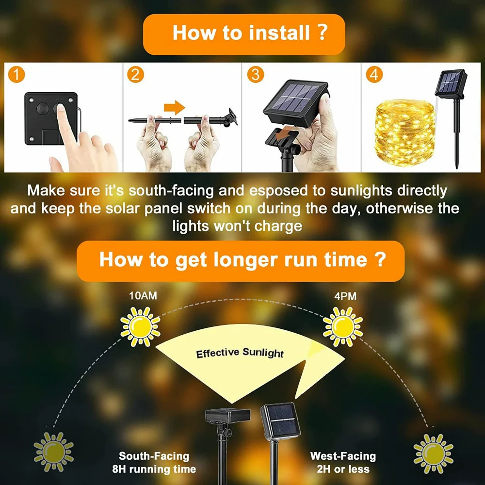 guirlandes lumineuses solaires étanches 300 led 8 modes fil cuivre - vue 11 sur 12