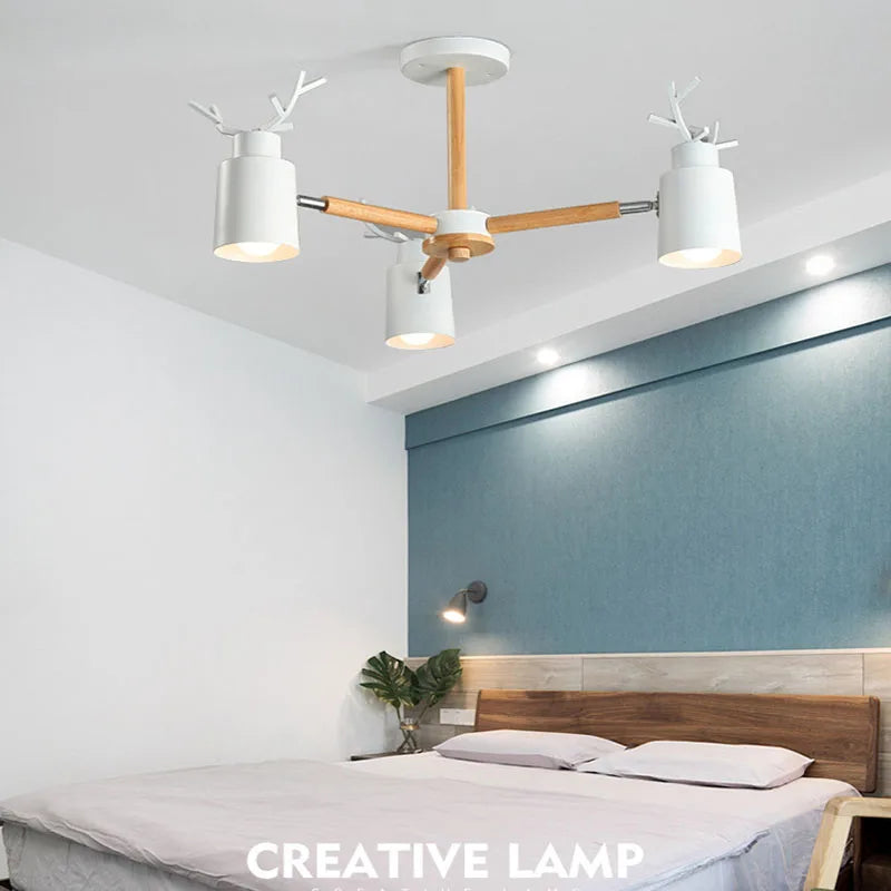 Lustre en rondins scandinave salon chambre plafond suspension luminaires cuisine plafond éclairage cerf design e27 lumière - vue 5 sur 17