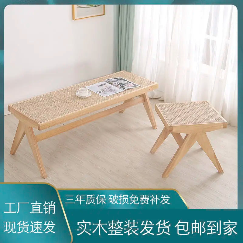 tabouret en rotin véritable style nordique pour changer de chaussures - vue 6 sur 14