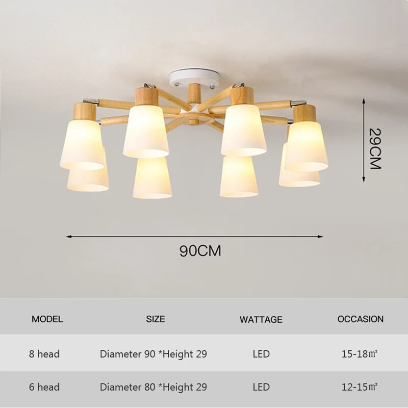 Lustre bois LED têtes salon maison intérieur moderne - vue 7 sur 12