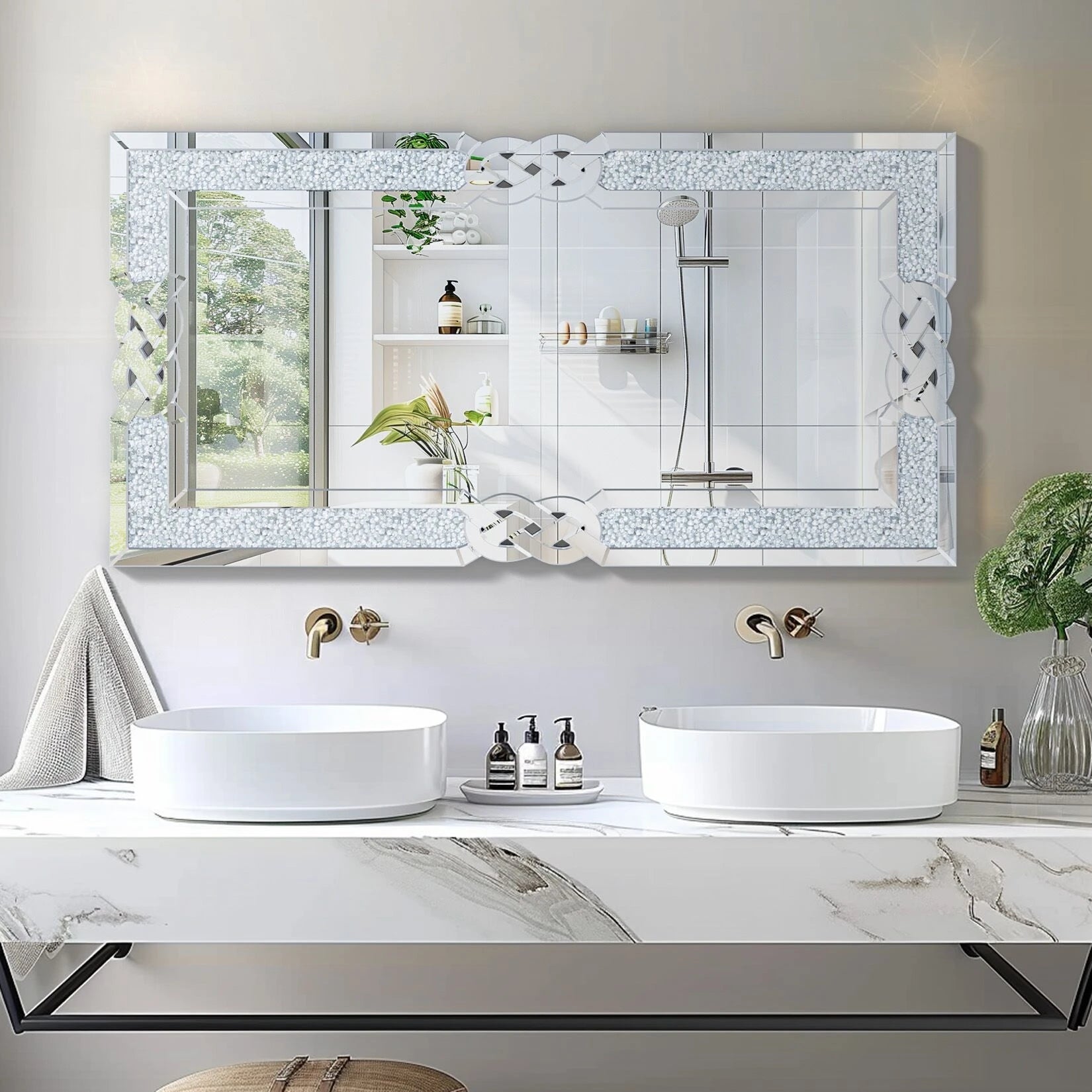 miroir mural en verre avec cadre décoratif en cristal bling - vue 4 sur 9