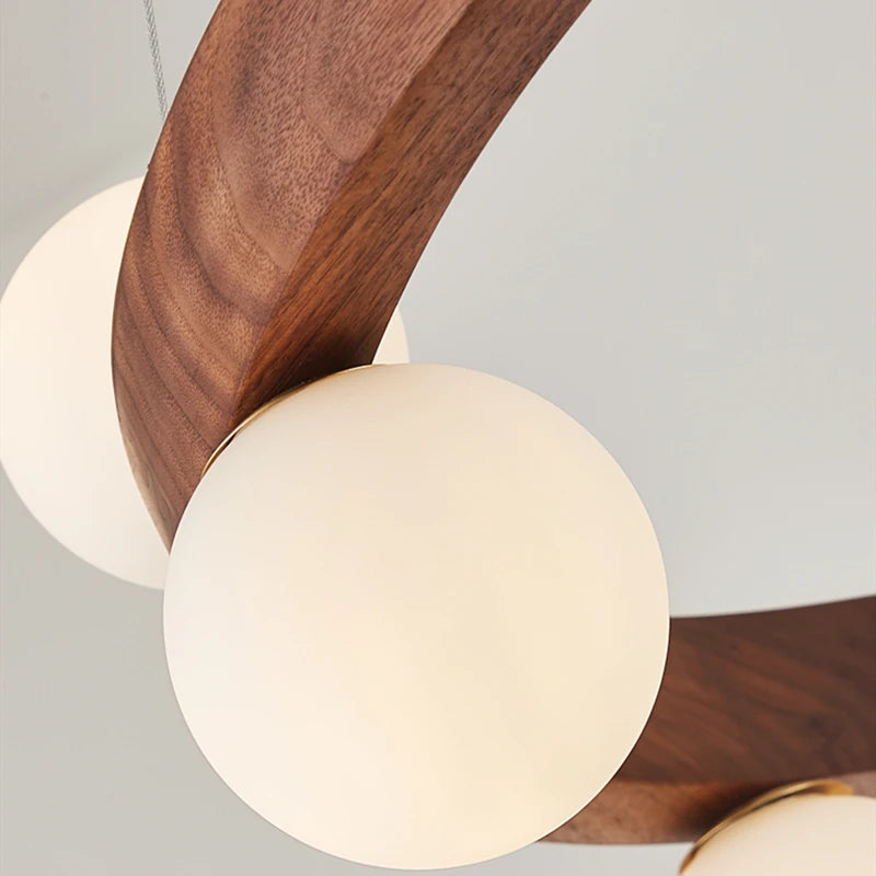 lustre rond en noyer avec ampoules en verre led moderne - vue 7 sur 9