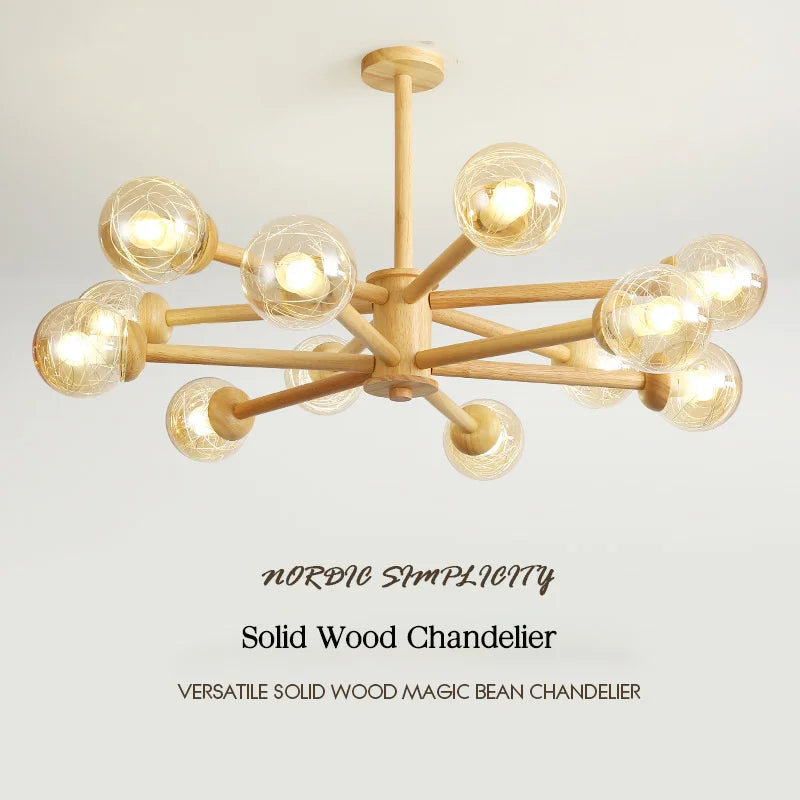 lustre moderne en bois avec abat-jour en verre pour décoration maison - vue 2 sur 10