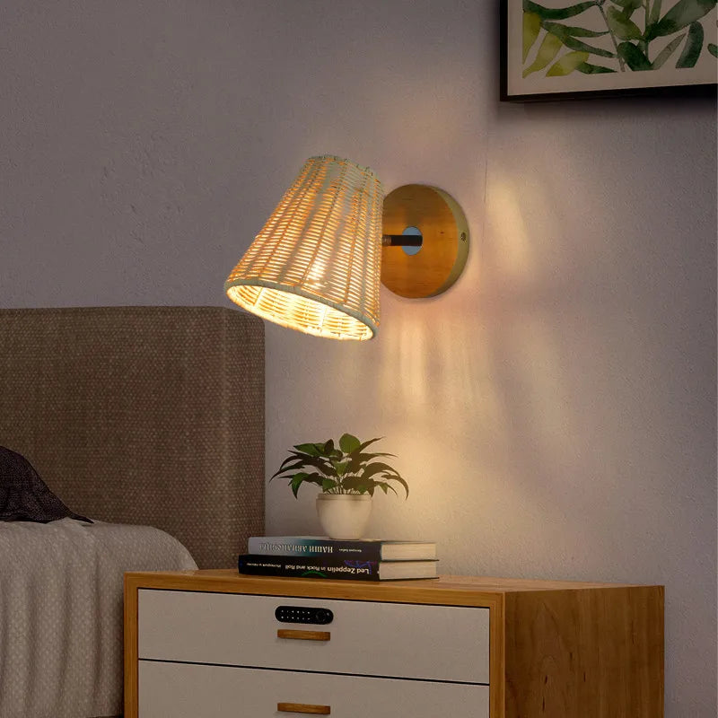 applique murale led vintage en rotin tissée à la main avec interrupteur