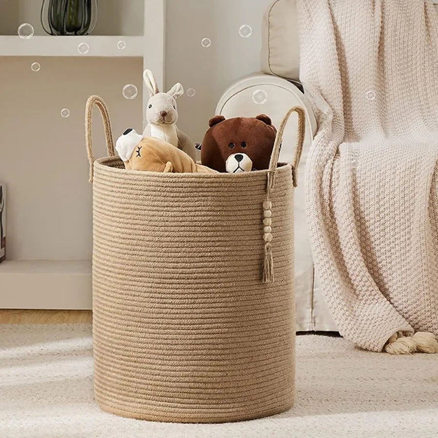grand panier de rangement tissé avec poignées en coton pliable - vue 5 sur 9