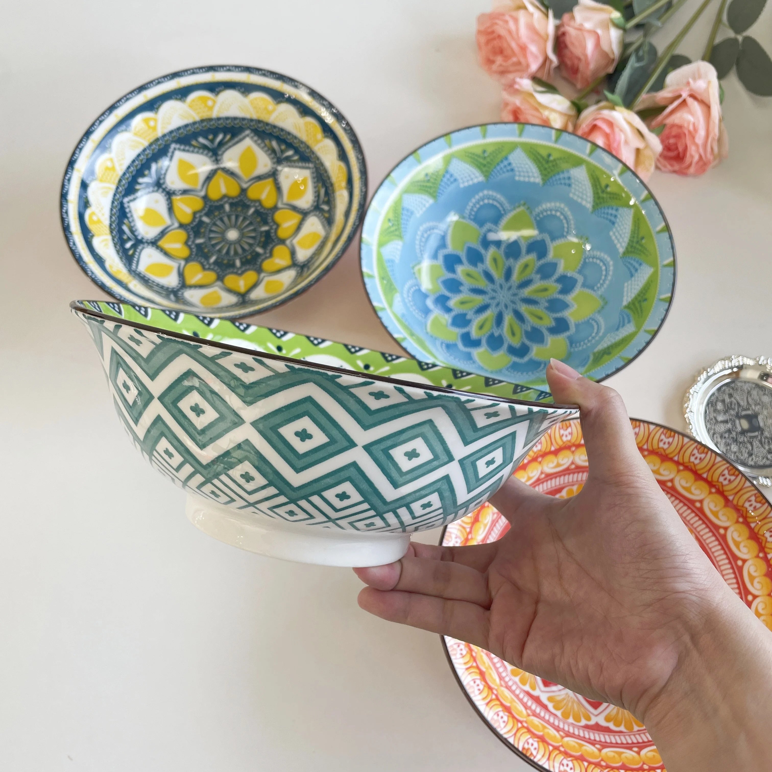 ensemble 4 bols ceramique boheme motifs soupe 20cm - vue 5 sur 7