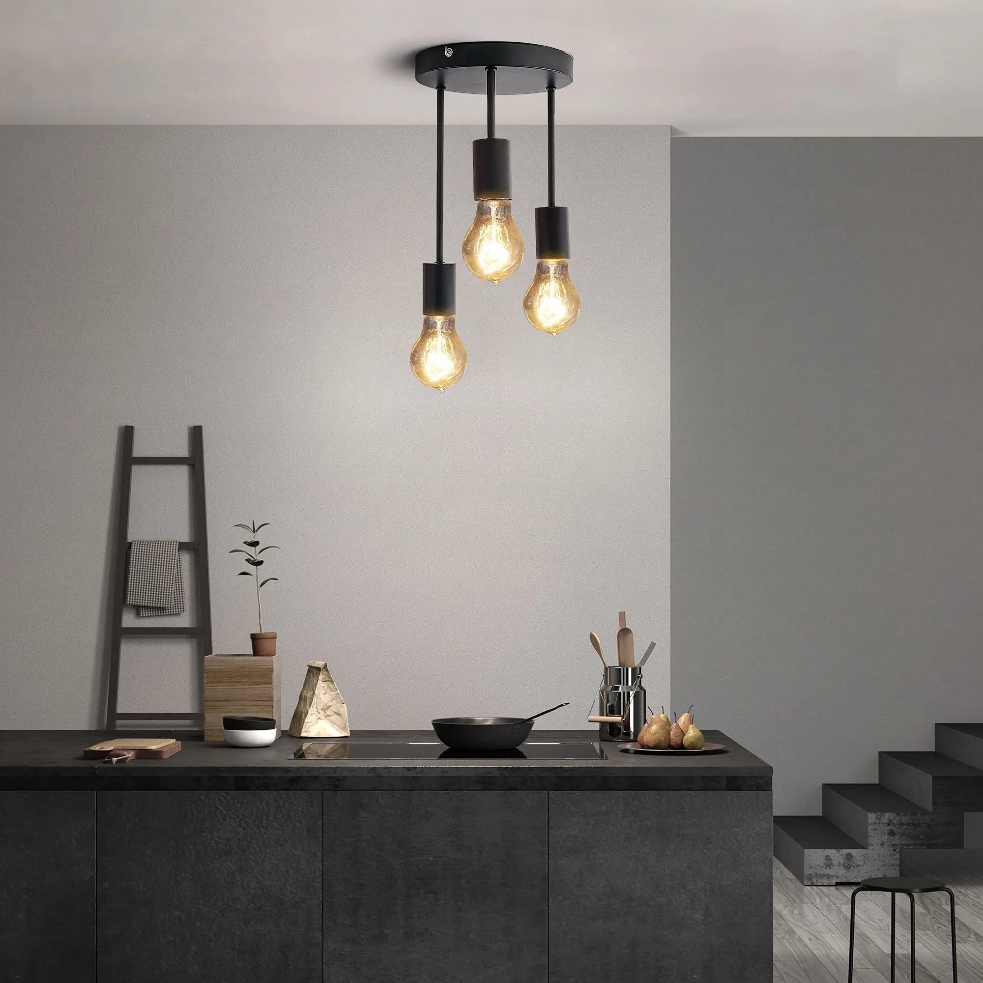 Grensk Plafonnier Industriel Noir 3 Têtes Ampoules Luminaire Vintage Pour Cuisine Balcon Porche Salon - vue 5 sur 10