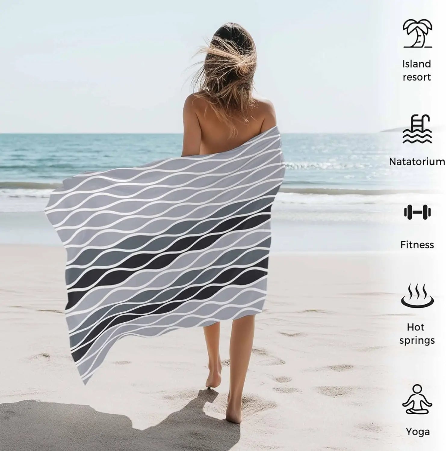 serviette de plage motifs vagues abstraites absorbante légère - vue 4 sur 6