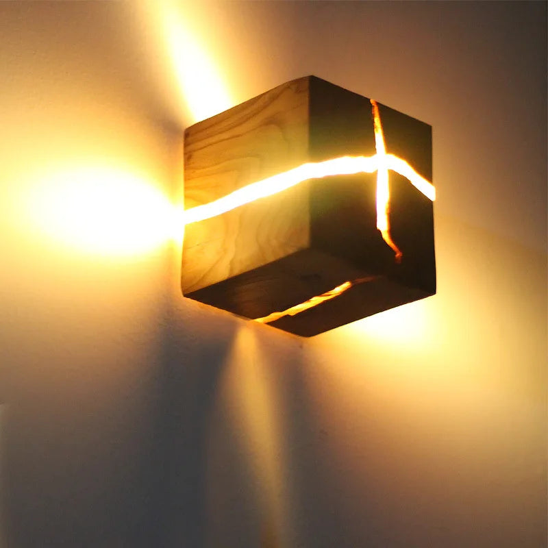 applique murale cube créatif en résine bois massif led fait main