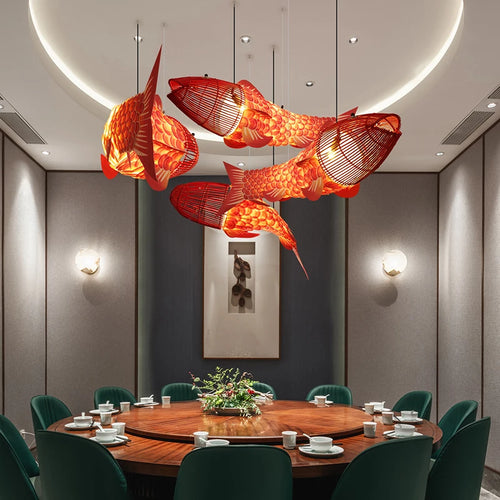 suspension Moderne en bois gros poisson lumières style chinois bambou créatif restaurant