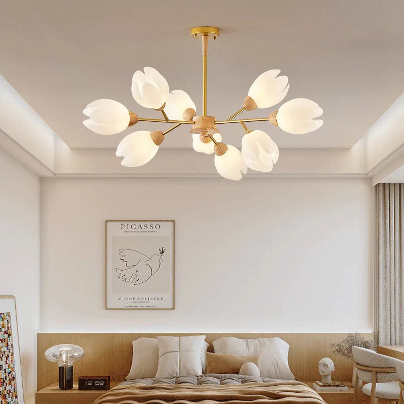 lustre nordique en bois avec lumière en forme de fleur