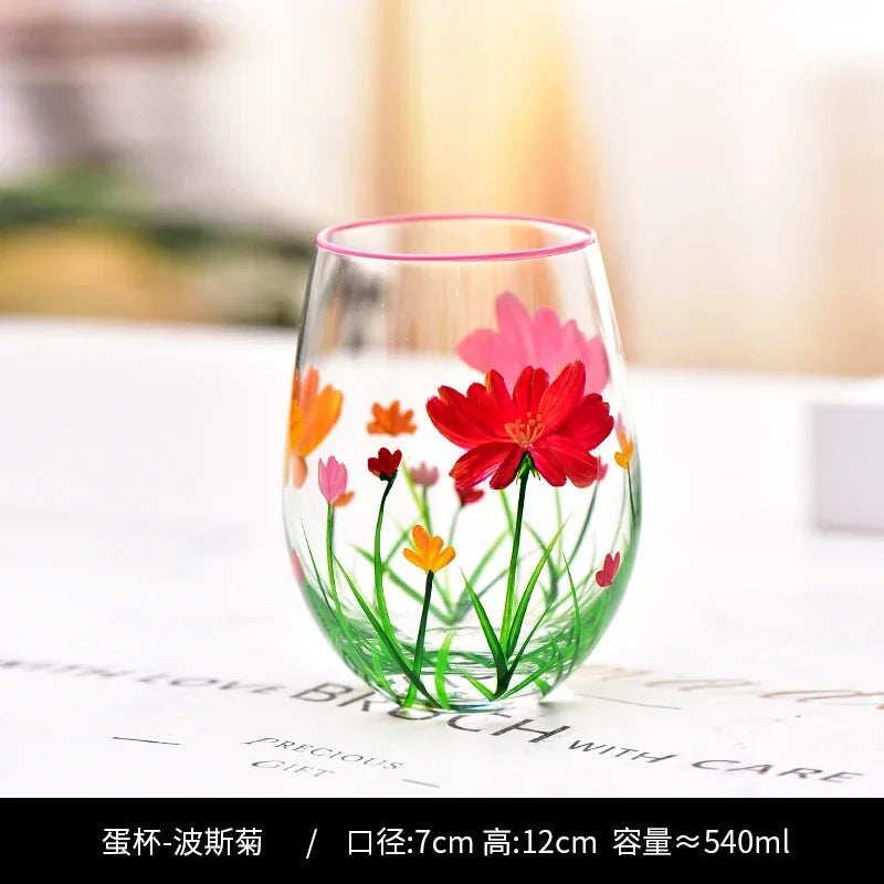 Verres vin rouge hauts motifs floraux faits main