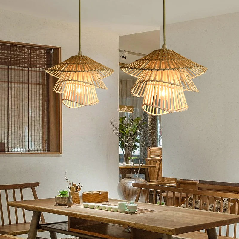 lustre led en bambou rotin créatif pour décoration maison - vue 5 sur 9