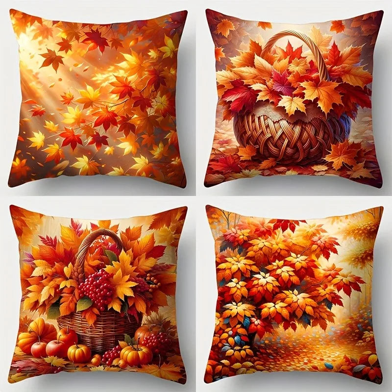 housse de coussin décorative motif feuilles d'automne et panier