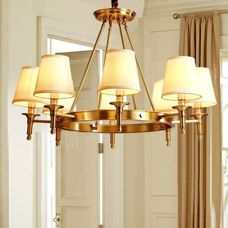 Abat-jour en tissu LED lustre Style américain minimaliste tout en cuivre chambre cuisine éclairage salon plafonnier luminaire - vue 6 sur 8