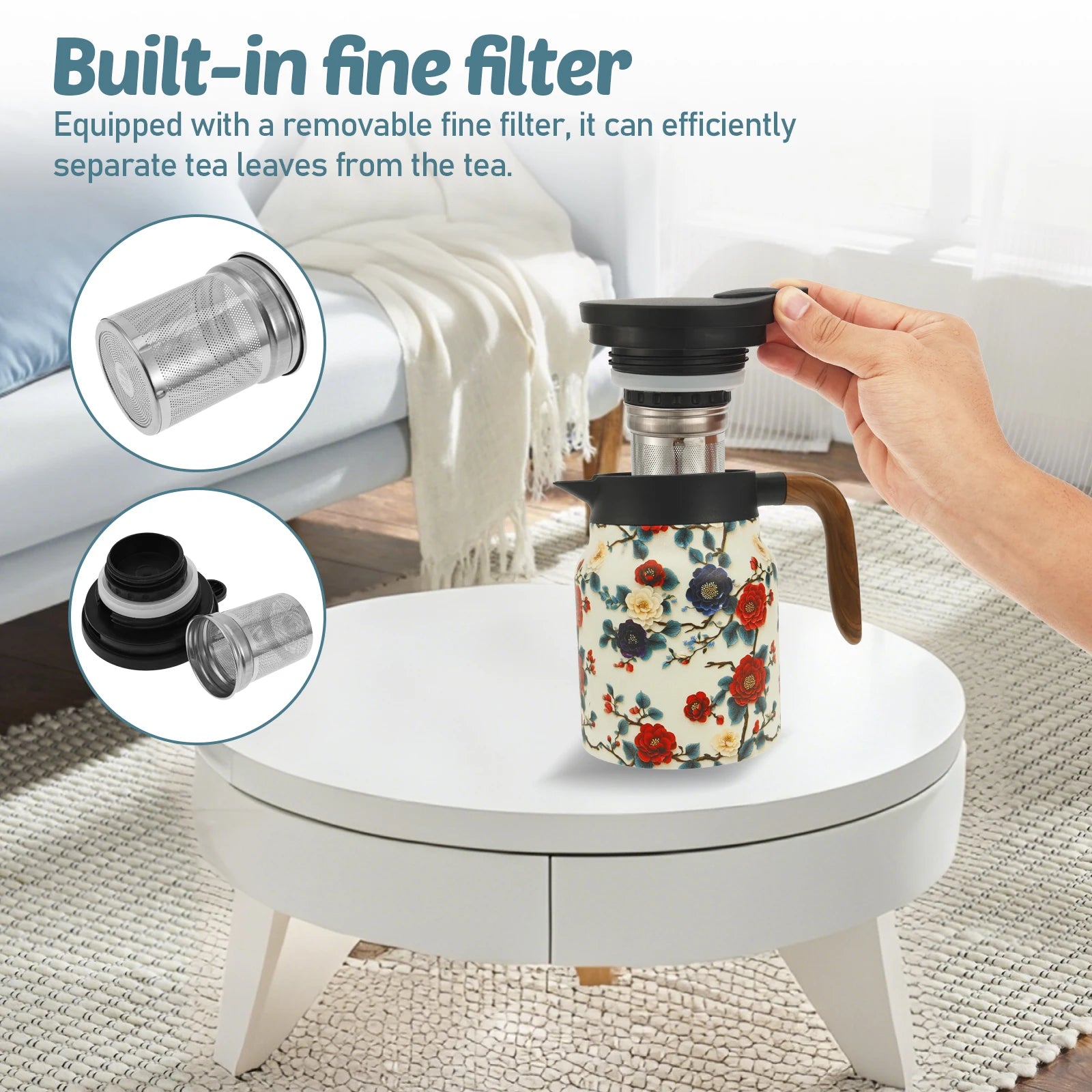 Theiere isotherme vintage motif floral inox avec infuseur - vue 6 sur 7