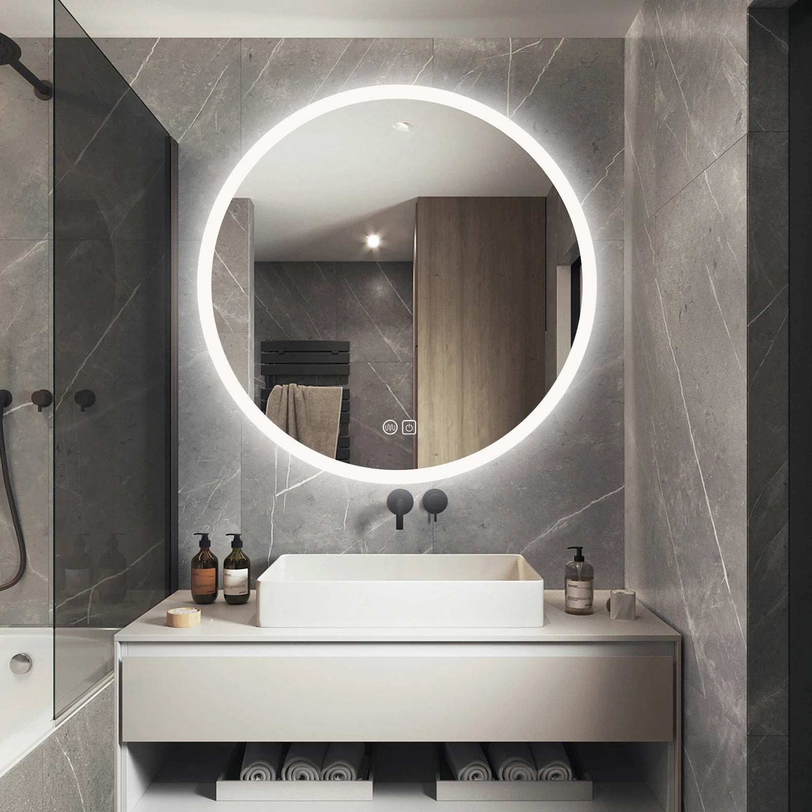 miroir rond lumineux avec interrupteur tactile et fonction antibuée - vue 4 sur 7