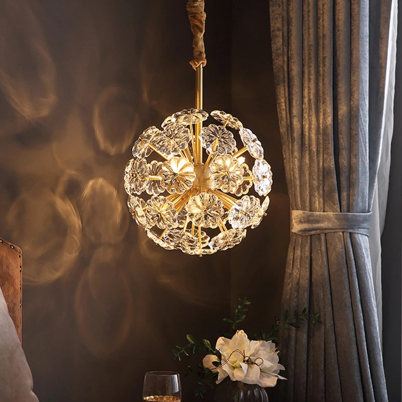 lustre suspendu en cuivre avec cristaux de pissenlit rond - vue 3 sur 12