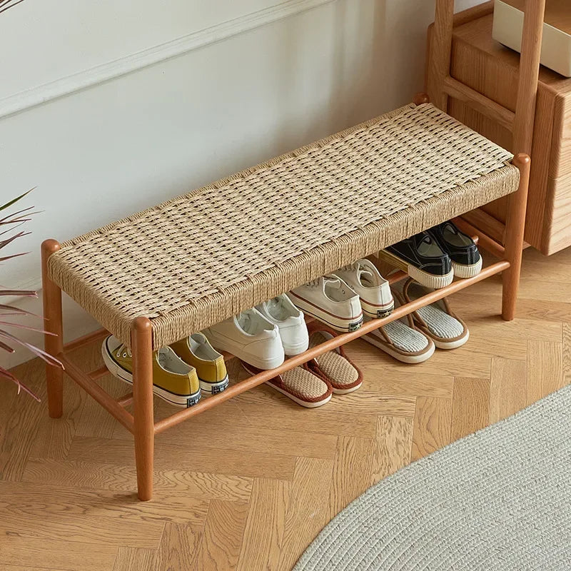tabouret à chaussures en bois massif tressé en rotin style rétro moderne - vue 7 sur 9