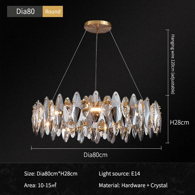 lustre moderne en cristal avec led et suspensions ronds