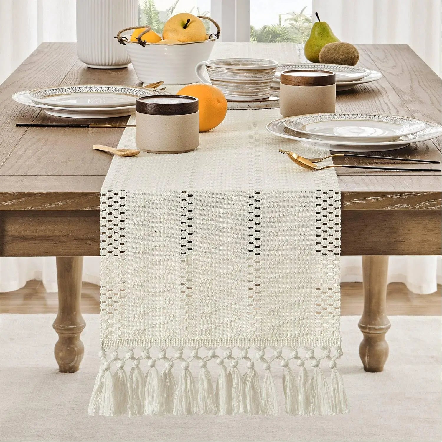 Chemin de table macramé ivoire bohème tissé salon - vue 4 sur 7