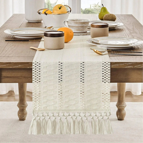 Chemin de table macramé ivoire bohème tissé salon