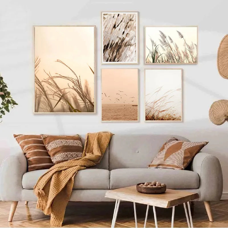 paysage nordique plage mouette roseau art déco affiche