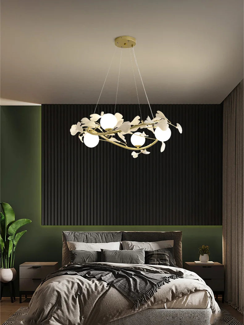 lustre en feuilles de ginkgo avec éclairage led décoratif moderne - vue 5 sur 8