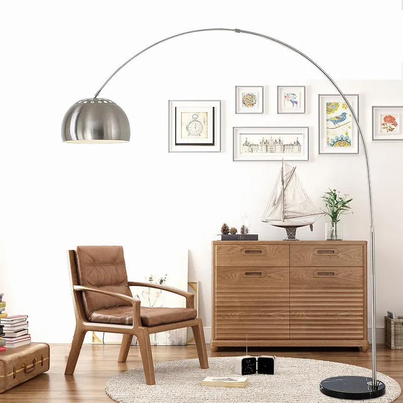 Lampadaire en marbre nordique pliant Arc rotatif argent lampadaires d'étude pour salon chambre déco éclairage lampadaire en bois - vue 4 sur 10