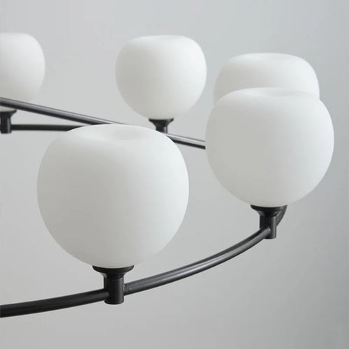 lustre réglable en hauteur avec anneaux en cuivre et verre blanc