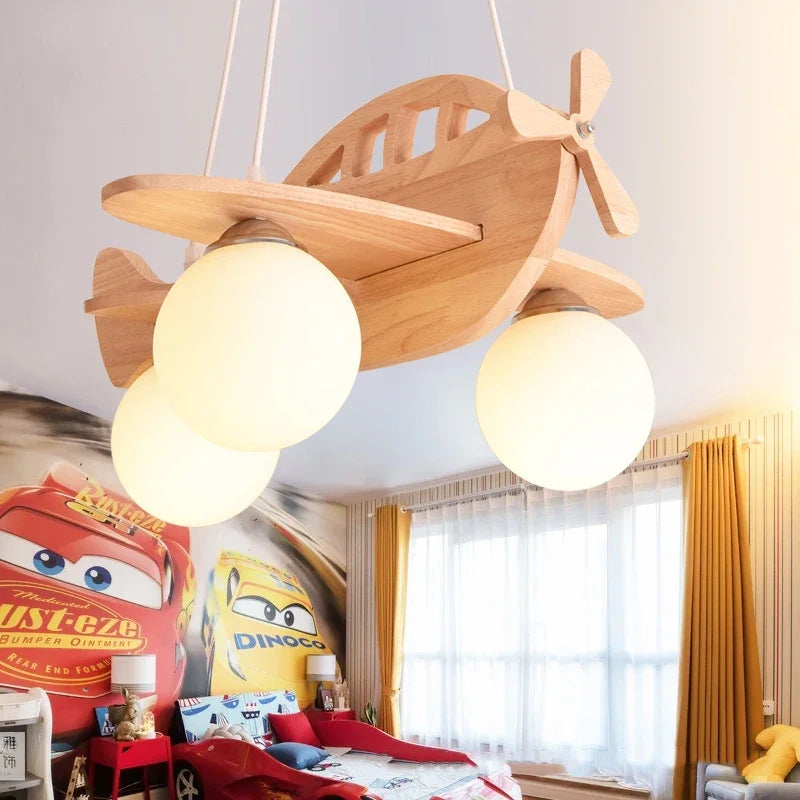 lustre en bois avion pour chambre d'enfant à led - vue 6 sur 7