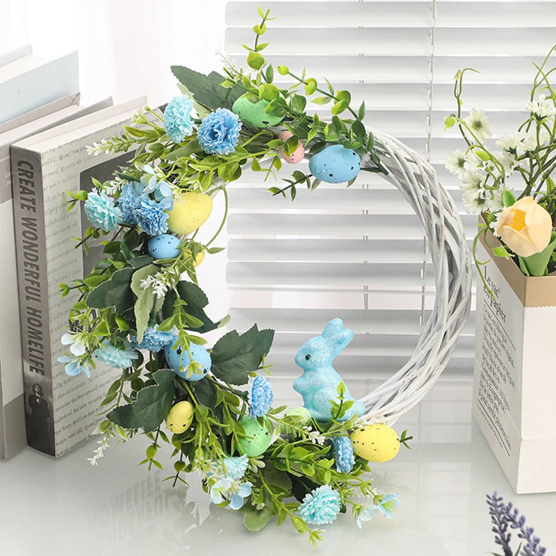 couronne décorative de Pâques avec lapin et œufs suspendus - vue 4 sur 12