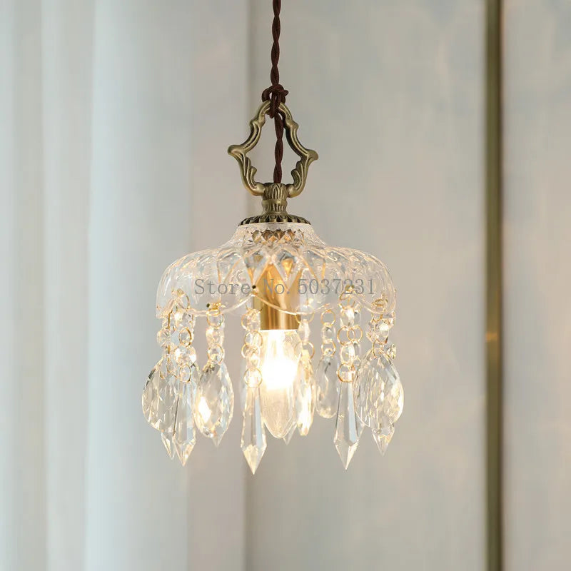 lustre en laiton nordique rétro suspendu en cristal et verre