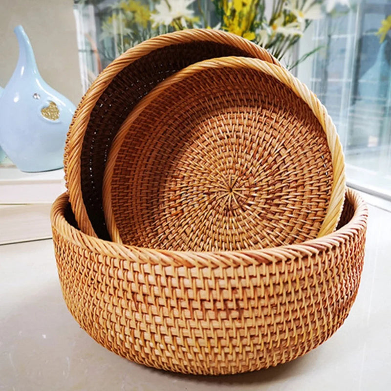 panier rond en rotin tissé pour fruits et collations