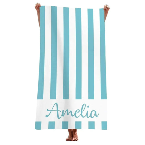Serviette de plage rayée personnalisée microfibre prénom géométrique